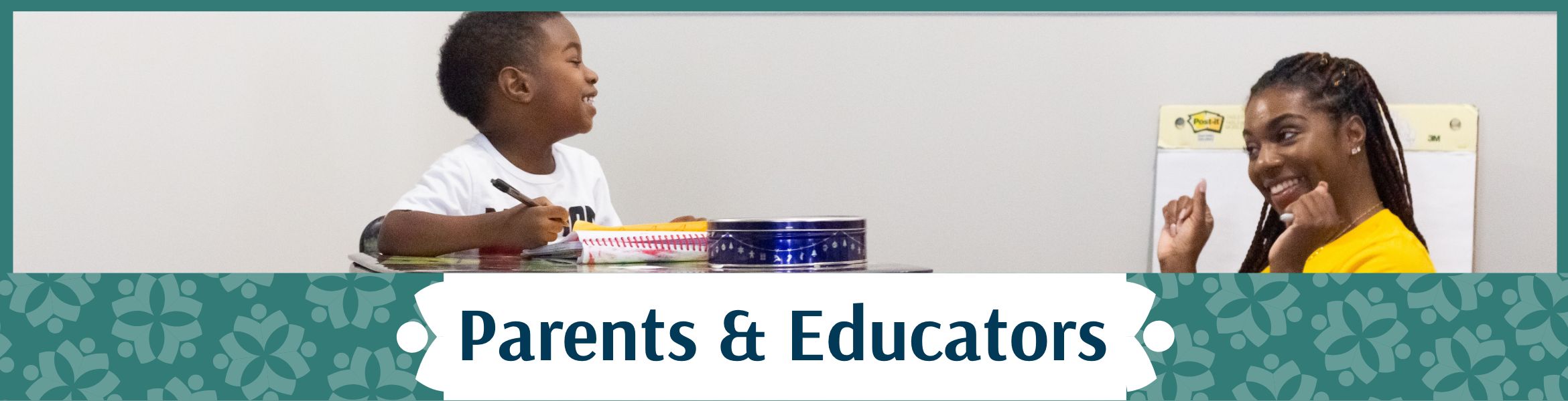 Parents and educators header showing a young boy smiling while holding a pencil and a woman who appears to be his mother smiling and cheering him on