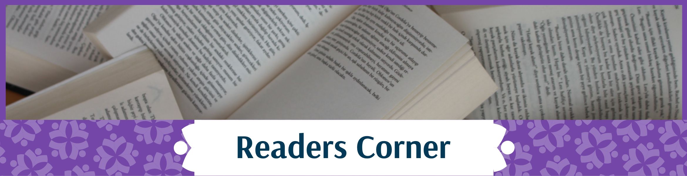 Readers Corner header image showing a pile of open books