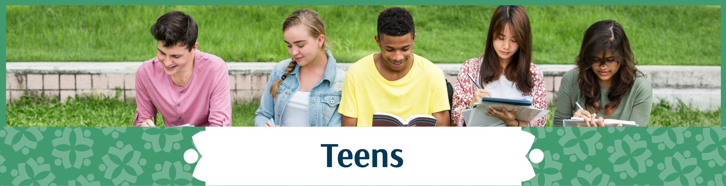Teens header image showing a group of teens - two boys and three girls, sitting outside on a bench with books in their hands