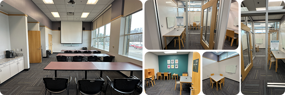 Collage of room photos: meeting room and study rooms