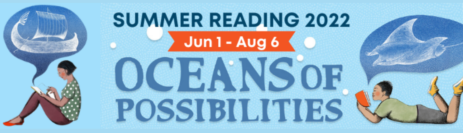 two cartoon characters reading a book with oceans of possibilities slogan