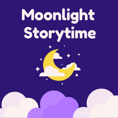 Moonlight Storytime graphic button showing a crescent moon and clouds