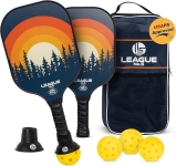 Two pickleball paddles with four pickle balls and a case.