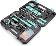 Open tool kit with hammer, plyers, screwdrivers, and more.