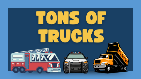 Tons of trucks with a fire truck, police car, and dump truck.
