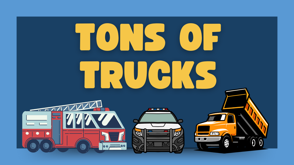 Tons of trucks with a fire truck, police car, and dump truck.