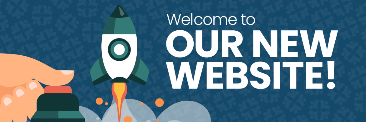 Rocket launch graphic reading "Welcome to our new website!"